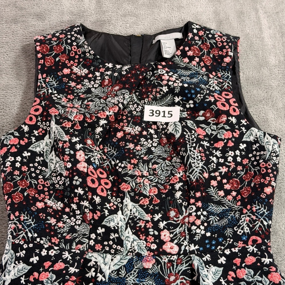 H&M Sheath Dress Women 4 Black Floral Jacquard Sleeveless Exposed Zip 0407688 4